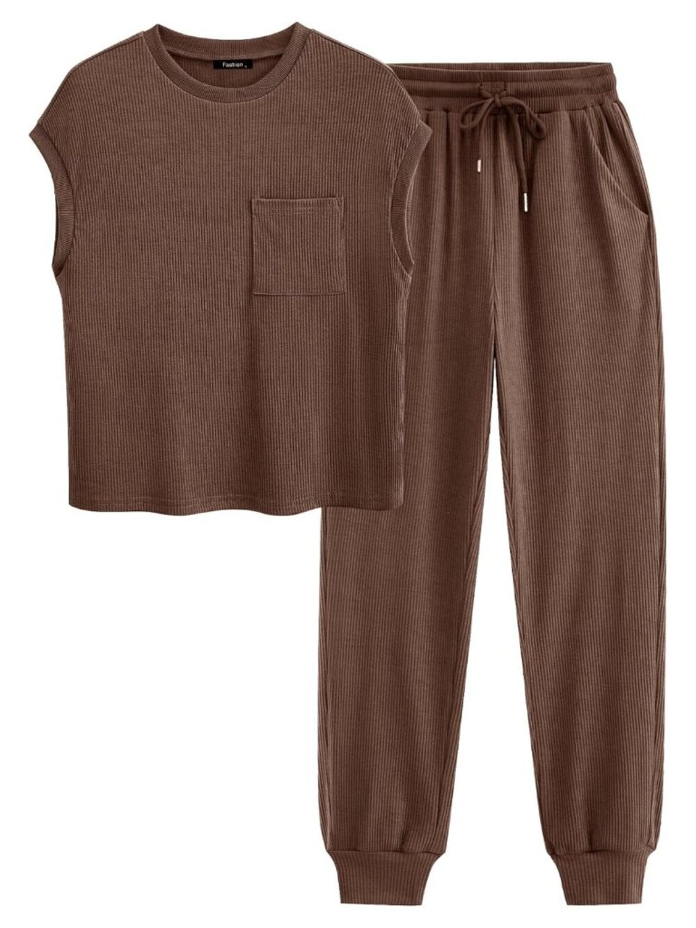 Ribbed Knit 2 Piece Lounge Set Short Sleeve Crew Neck Sweatsuit with Pockets